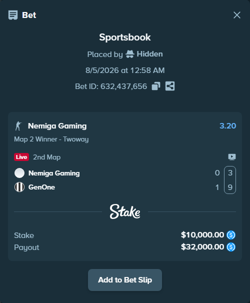 Bet slip: Nemiga Gaming - GenOne, $10,000.00 stake at 3.20 odds, placed by Hidden