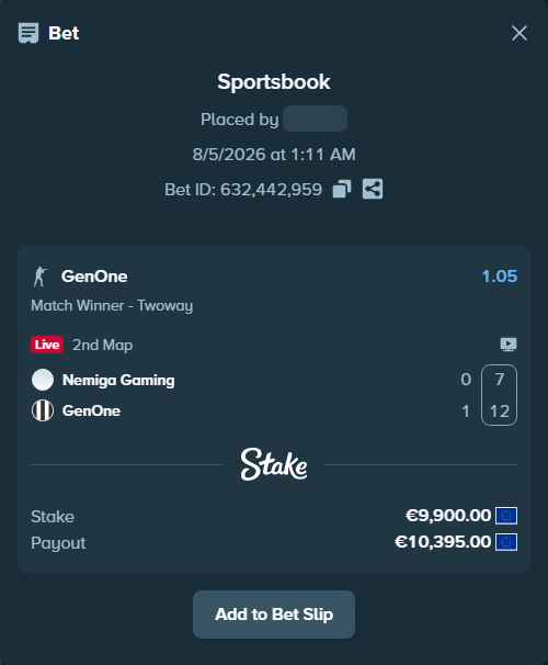 Bet slip: Nemiga Gaming - GenOne, $10,692.00 stake at 1.05 odds, placed by 4alen4