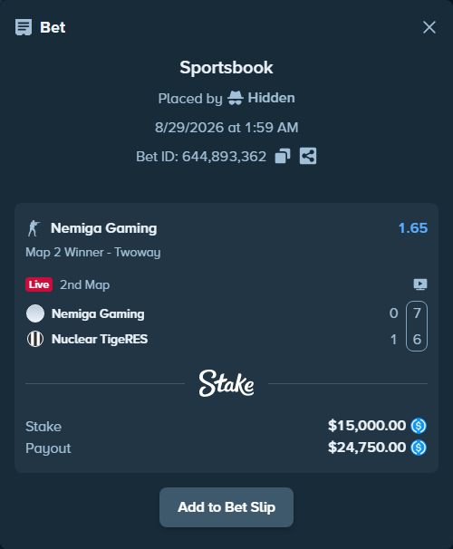Bet slip: Nemiga Gaming - Nuclear TigeRES, $15,000.00 stake at 1.65 odds, placed by Hidden