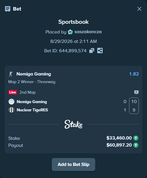 Bet slip: Nemiga Gaming - Nuclear TigeRES, $33,460.00 stake at 1.82 odds, placed by saszakoncza