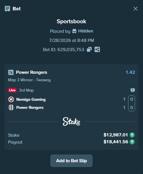 Bet slip: Nemiga Gaming - Power Rangers, $13,000.00 stake at 1.42 odds, placed by Hidden