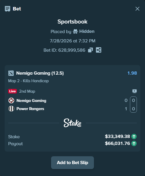 Bet slip: Nemiga Gaming - Power Rangers, $33,382.72 stake at 1.98 odds, placed by Hidden