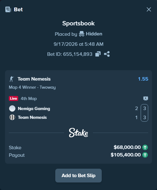 Bet slip: Nemiga Gaming - Team Nemesis, $68,068.00 stake at 1.55 odds, placed by Hidden