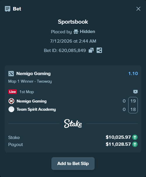 Bet slip: Nemiga Gaming - Team Spirit Academy, $10,036.00 stake at 1.10 odds, placed by Hidden