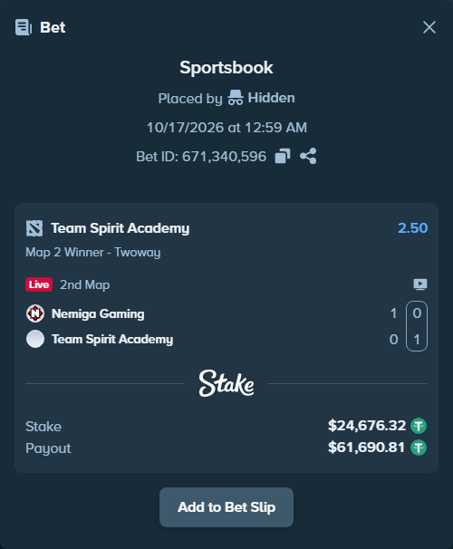 Bet slip: Nemiga Gaming - Team Spirit Academy, $24,701.00 stake at 2.50 odds, placed by Mnt41