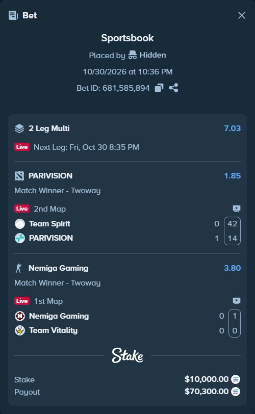 Bet slip: Nemiga Gaming - Team Vitality, $10,034.35 stake at 3.80 odds, placed by Hidden