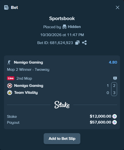 Bet slip: Nemiga Gaming - Team Vitality, $11,744.35 stake at 4.80 odds, placed by Hidden