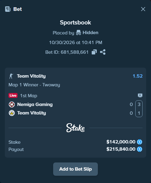 Bet slip: Nemiga Gaming - Team Vitality, $142,000.00 stake at 1.52 odds, placed by Hidden