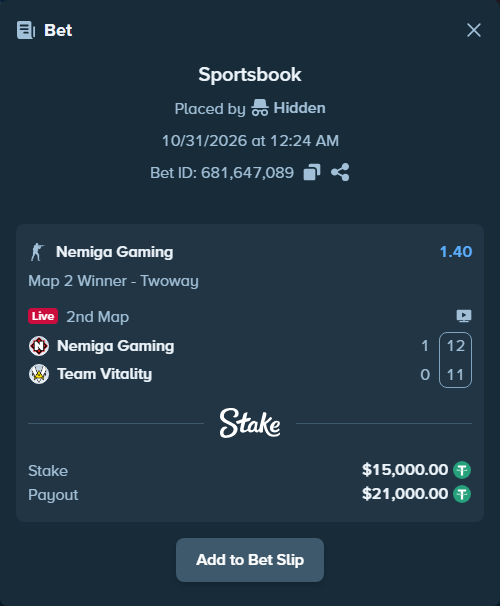 Bet slip: Nemiga Gaming - Team Vitality, $15,015.00 stake at 1.40 odds, placed by Hidden