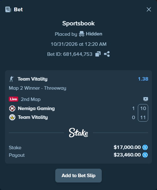 Bet slip: Nemiga Gaming - Team Vitality, $17,000.00 stake at 1.38 odds, placed by Hidden