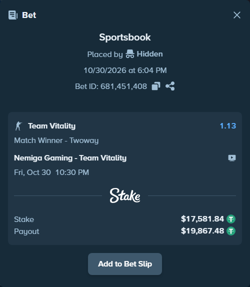Bet slip: Nemiga Gaming - Team Vitality, $17,617.00 stake at 1.13 odds, placed by S1eeper111