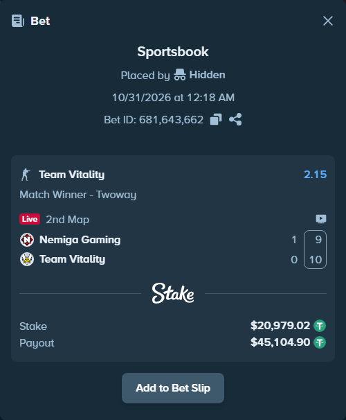 Bet slip: Nemiga Gaming - Team Vitality, $21,000.00 stake at 2.15 odds, placed by Hidden