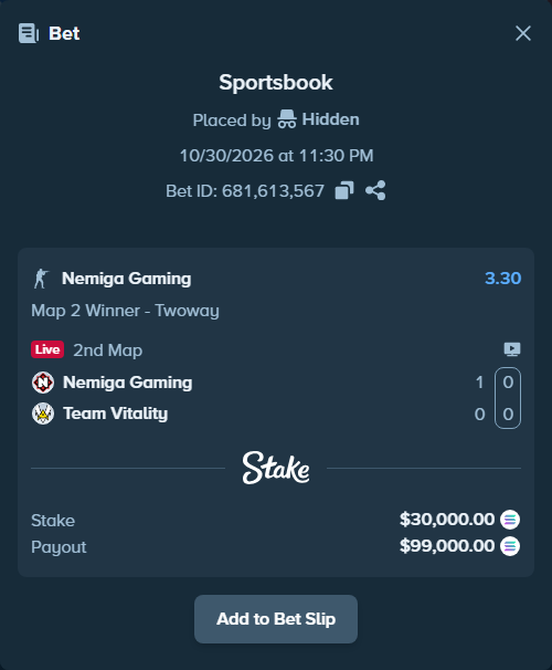 Bet slip: Nemiga Gaming - Team Vitality, $29,402.39 stake at 3.30 odds, placed by Hidden