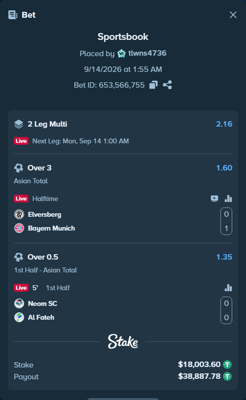 Bet slip: Neom SC - Al Fateh, $18,000.00 stake at 1.35 odds, placed by tlwns4736