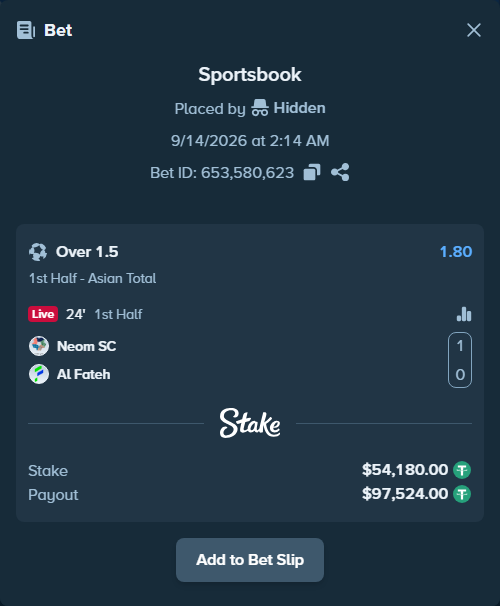 Bet slip: Neom SC - Al Fateh, $54,169.17 stake at 1.80 odds, placed by Hidden