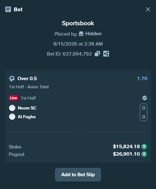 Bet slip: Neom SC - Al Fayha, $15,840.00 stake at 1.70 odds, placed by tlwns4736