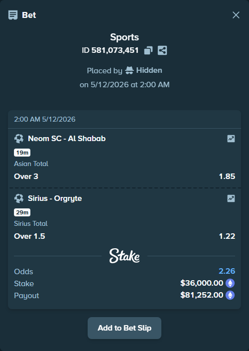 Bet slip: Neom SC - Al Shabab, $26,682.57 stake at 1.85 odds, placed by Hidden