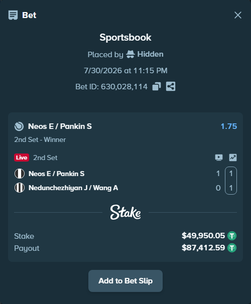 Bet slip: Neos E / Pankin S - Nedunchezhiyan J / Wang A, $50,000.00 stake at 1.75 odds, placed by Hidden
