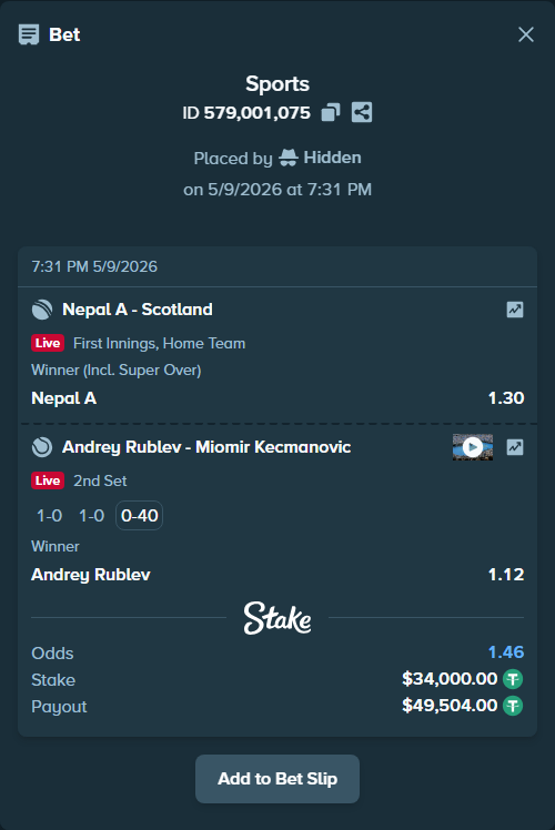 Bet slip: Nepal A - Scotland, $34,000.00 stake at 1.30 odds, placed by Hidden