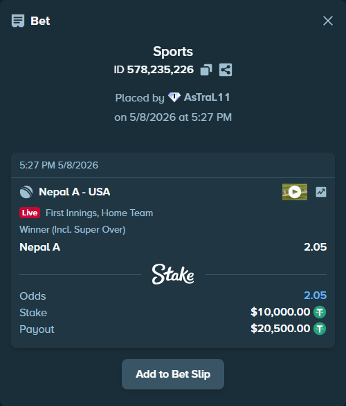 Bet slip: Nepal A - USA, $10,000.00 stake at 2.05 odds, placed by AsTraL11