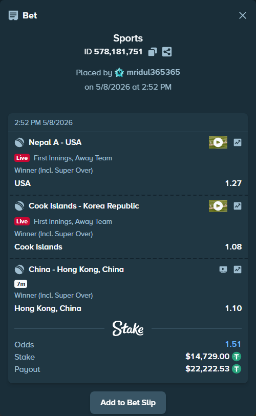 Bet slip: Nepal A - USA, $14,729.00 stake at 1.27 odds, placed by mridul365365