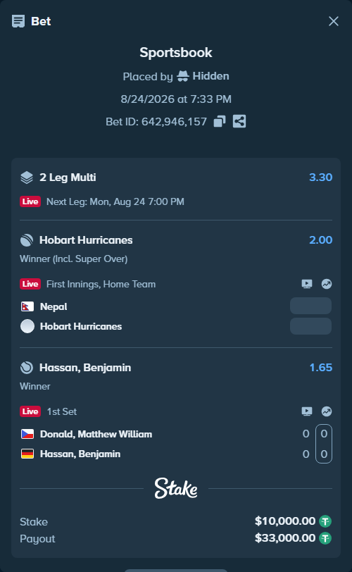 Bet slip: Nepal - Hobart Hurricanes, $10,000.00 stake at 2.00 odds, placed by Hidden