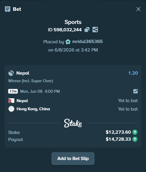 Bet slip: Nepal - Hong Kong, China, $12,273.60 stake at 1.20 odds, placed by mridul365365