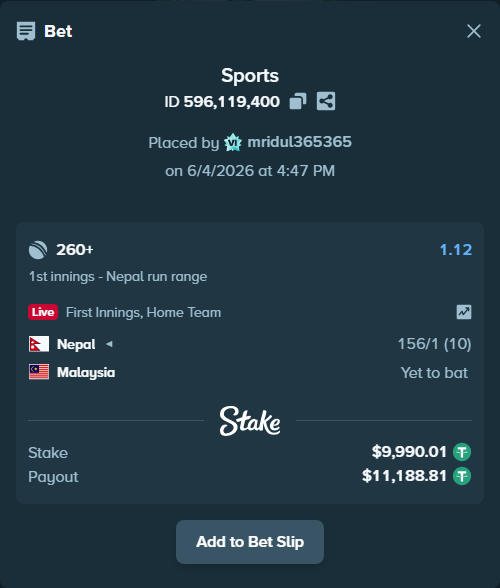 Bet slip: Nepal - Malaysia, $10,000.00 stake at 1.12 odds, placed by mridul365365