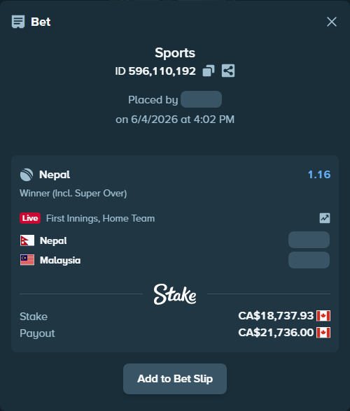 Bet slip: Nepal - Malaysia, $13,866.07 stake at 1.16 odds, placed by Chinujaatjind