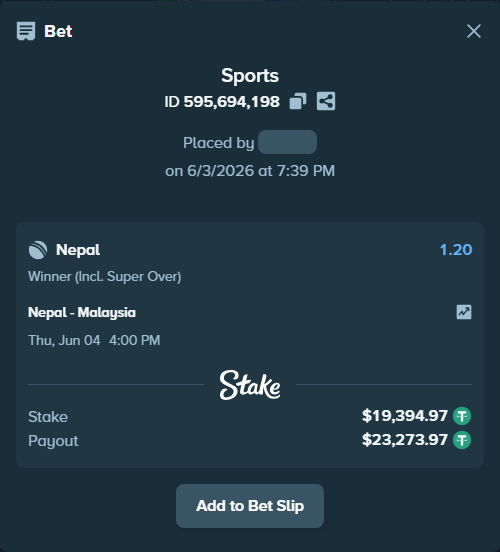 Bet slip: Nepal - Malaysia, $19,414.37 stake at 1.20 odds, placed by mridul365365