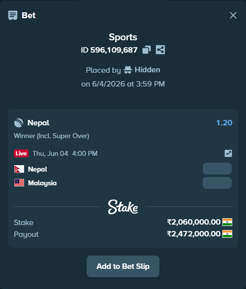 Bet slip: Nepal - Malaysia, $24,720.00 stake at 1.20 odds, placed by Hidden
