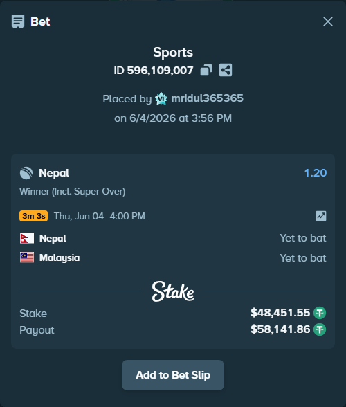 Bet slip: Nepal - Malaysia, $48,500.00 stake at 1.20 odds, placed by mridul365365