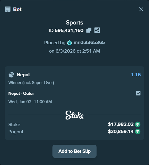 Bet slip: Nepal - Qatar, $18,000.00 stake at 1.16 odds, placed by mridul365365