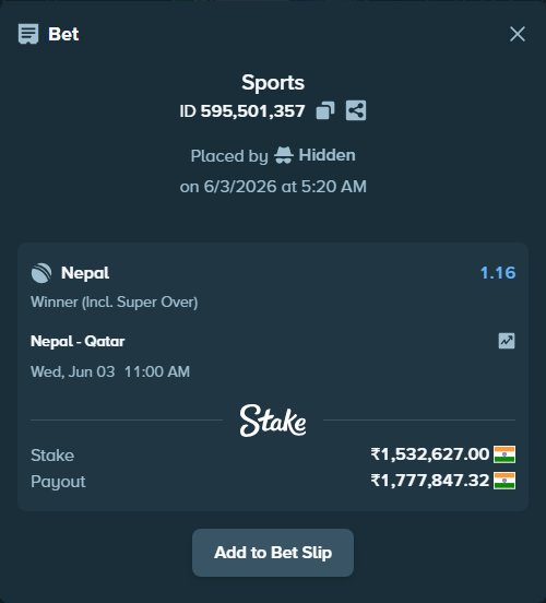 Bet slip: Nepal - Qatar, $18,391.52 stake at 1.16 odds, placed by Hidden