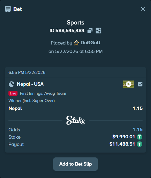 Bet slip: Nepal - USA, $10,000.00 stake at 1.15 odds, placed by DoGGoU