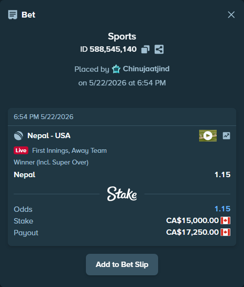 Bet slip: Nepal - USA, $11,100.00 stake at 1.15 odds, placed by Chinujaatjind