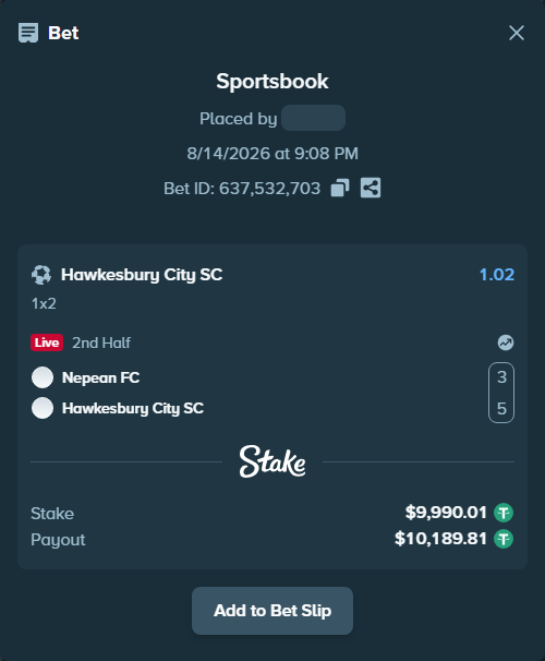 Bet slip: Nepean FC - Hawkesbury City SC, $10,000.00 stake at 1.02 odds, placed by BatyrM