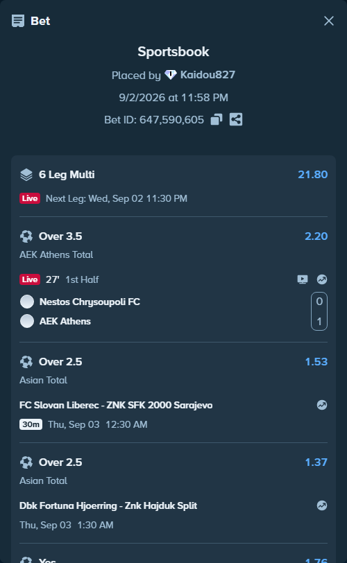 Bet slip: Nestos Chrysoupoli FC - AEK Athens, $10,048.09 stake at 2.20 odds, placed by Kaidou827
