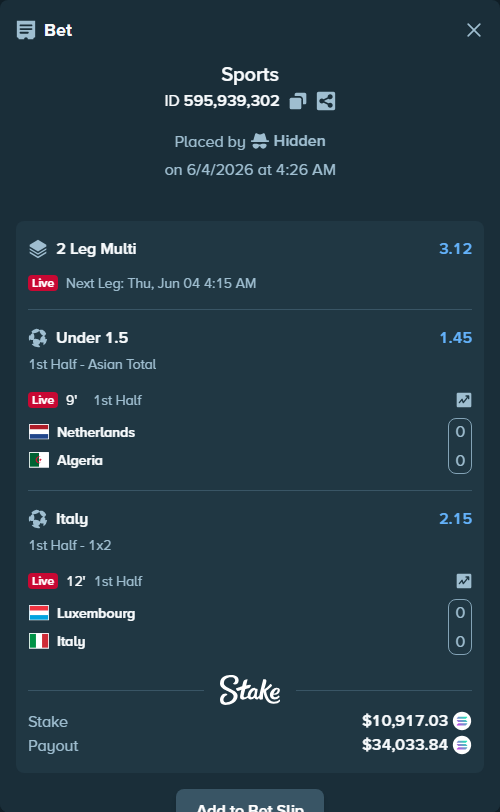 Bet slip: Netherlands - Algeria, $11,011.50 stake at 1.45 odds, placed by Hidden