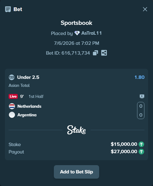 Bet slip: Netherlands - Argentina, $15,015.00 stake at 1.80 odds, placed by AsTraL11