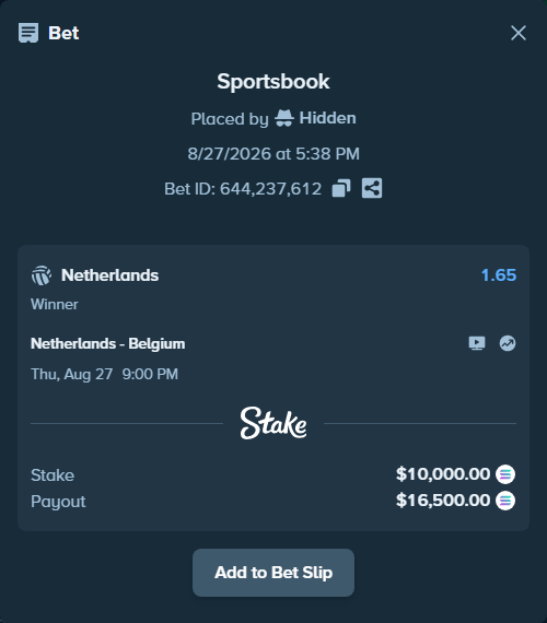 Bet slip: Netherlands - Belgium, $10,592.51 stake at 1.65 odds, placed by Hidden