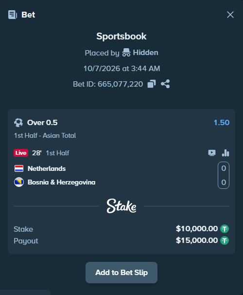 Bet slip: Netherlands - Bosnia and Herzegovina, $10,000.00 stake at 1.50 odds, placed by Jackpoor