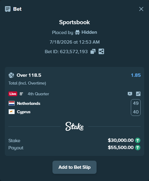 Bet slip: Netherlands - Cyprus, $30,030.00 stake at 1.85 odds, placed by Hidden