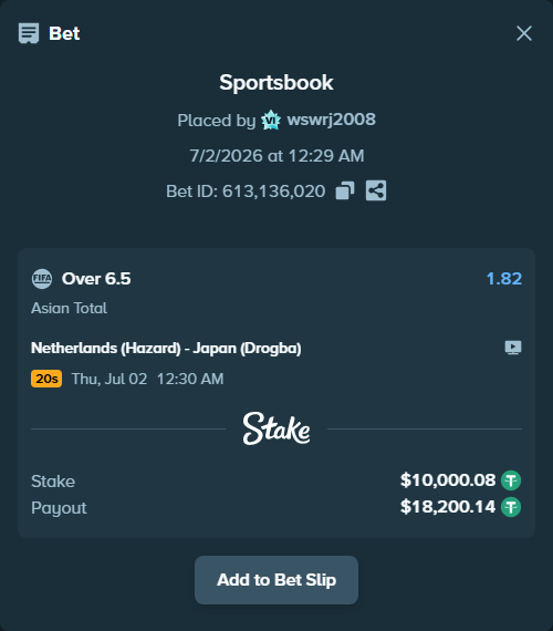 Bet slip: Netherlands (Hazard) - Japan (Drogba), $10,010.08 stake at 1.82 odds, placed by wswrj2008
