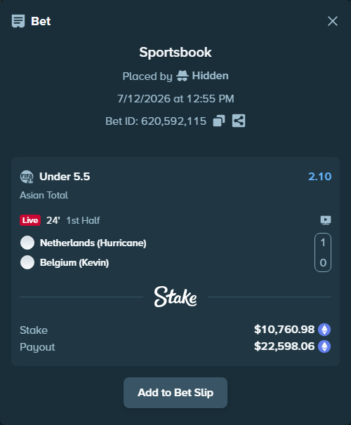 Bet slip: Netherlands (Hurricane) - Belgium (Kevin), $11,358.23 stake at 2.10 odds, placed by Hidden