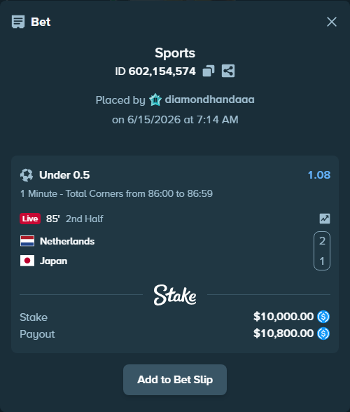 Bet slip: Netherlands - Japan, $10,000.00 stake at 1.08 odds, placed by diamondhandaaa