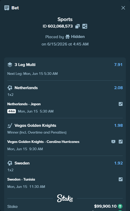Bet slip: Netherlands - Japan, $100,000.00 stake at 2.08 odds, placed by Hidden