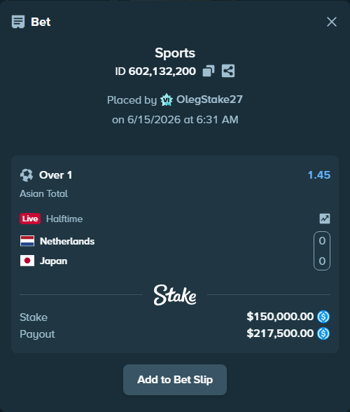 Bet slip: Netherlands - Japan, $150,000.00 stake at 1.45 odds, placed by OlegStake27