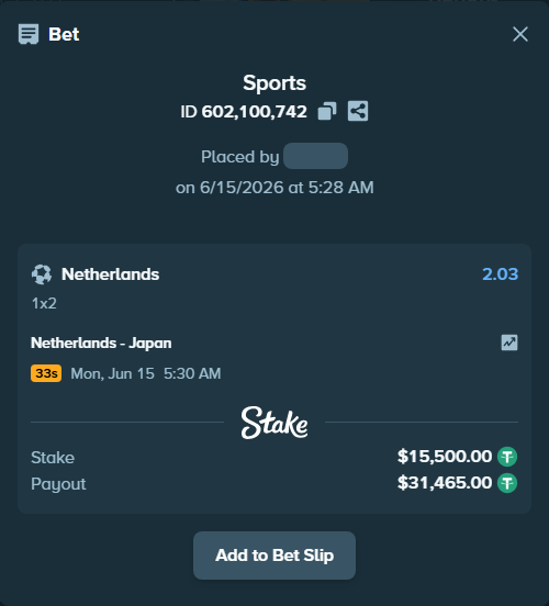 Bet slip: Netherlands - Japan, $15,515.50 stake at 2.03 odds, placed by Ugresset