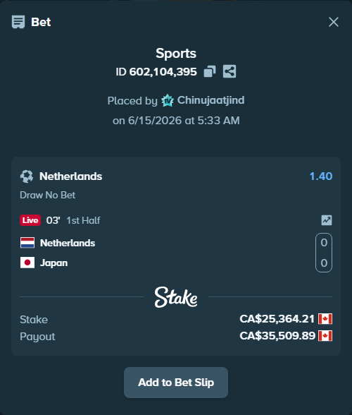 Bet slip: Netherlands - Japan, $18,769.52 stake at 1.40 odds, placed by Chinujaatjind